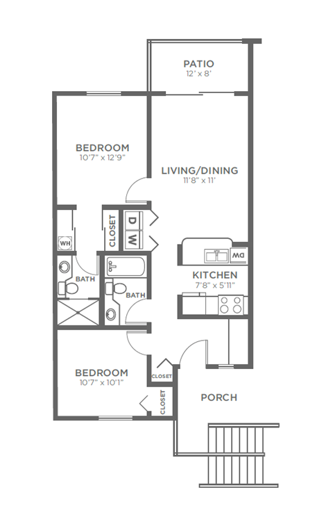 Floor plan for 2 beds, 1.8 baths, 822 sqft